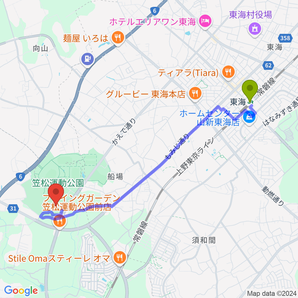 東海駅から山新スイミングアリーナへのルートマップ地図