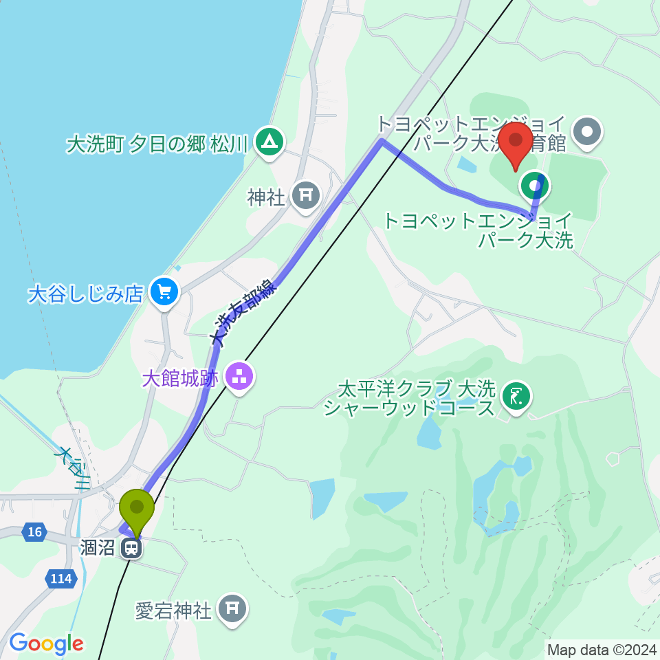 トヨペットエンジョイパーク大洗野球場の最寄駅涸沼駅からの徒歩ルート（約25分）地図