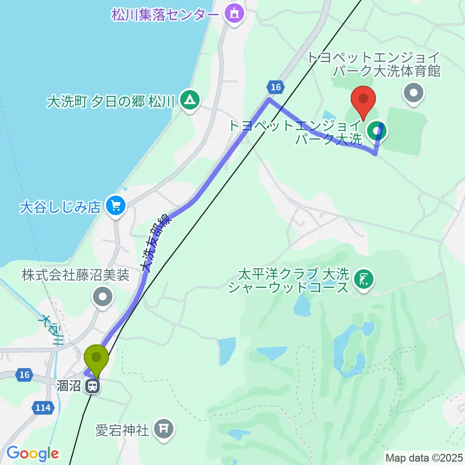 トヨペットエンジョイパーク大洗野球場の最寄駅涸沼駅からの徒歩ルート（約25分）地図