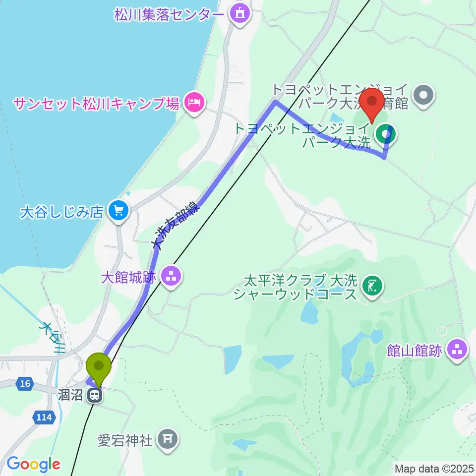 トヨペットエンジョイパーク大洗野球場の最寄駅涸沼駅からの徒歩ルート（約25分）地図