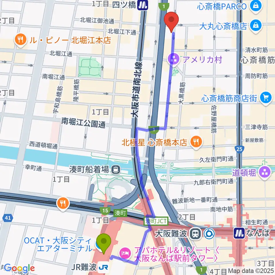 ＪＲ難波駅からミュージックランドKEY心斎橋店へのルートマップ地図