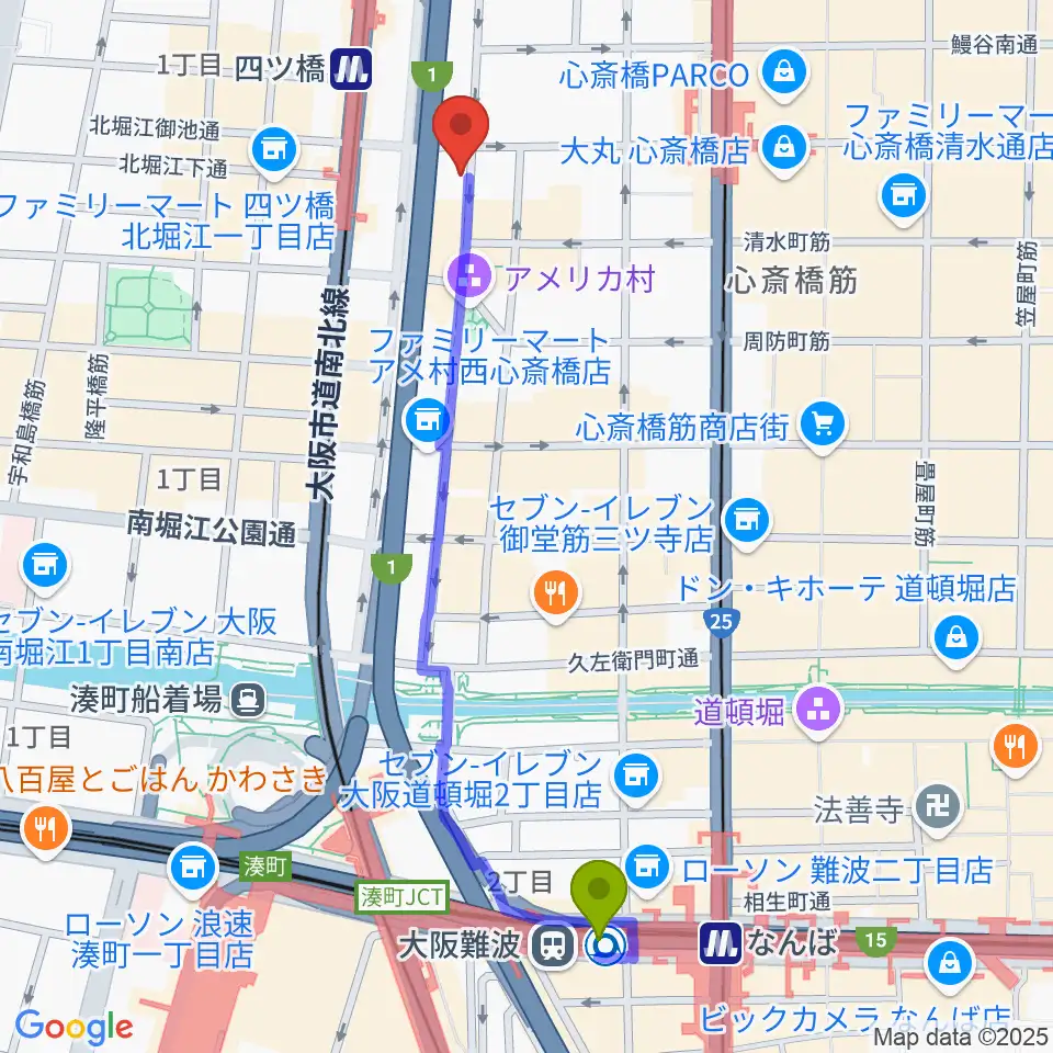 大阪難波駅からミュージックランドKEY心斎橋店へのルートマップ地図