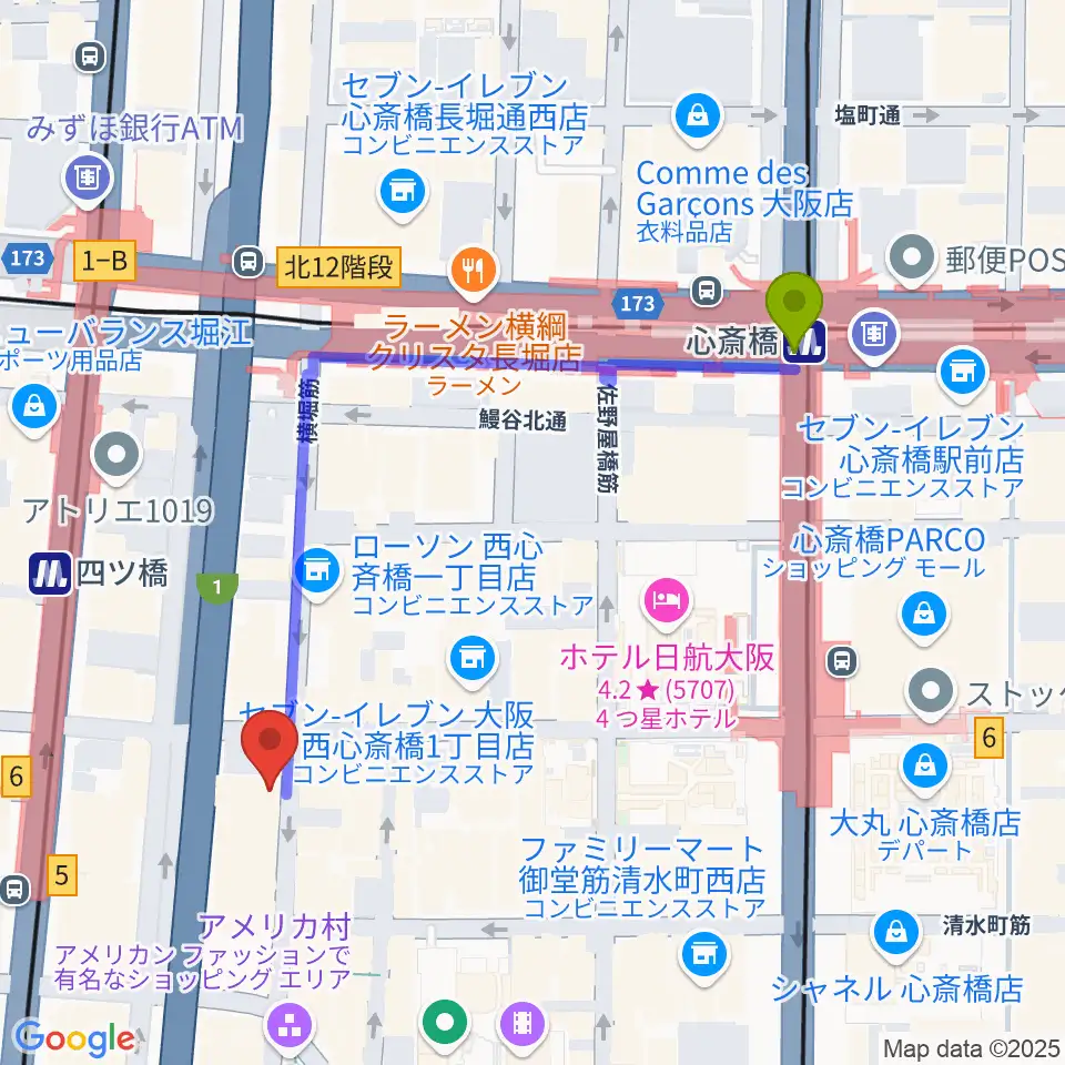 心斎橋駅からミュージックランドKEY心斎橋店へのルートマップ地図