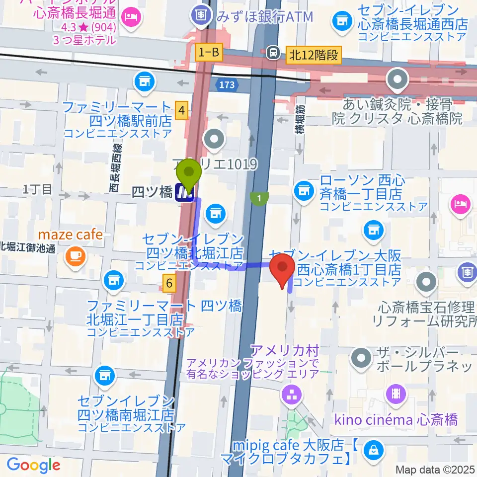 ミュージックランドKEY心斎橋店の最寄駅四ツ橋駅からの徒歩ルート（約2分）地図