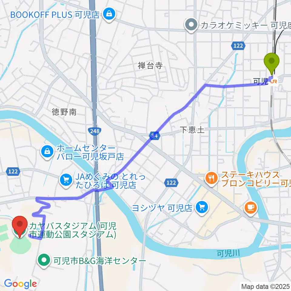 可児駅からカヤバスタジアムへのルートマップ地図
