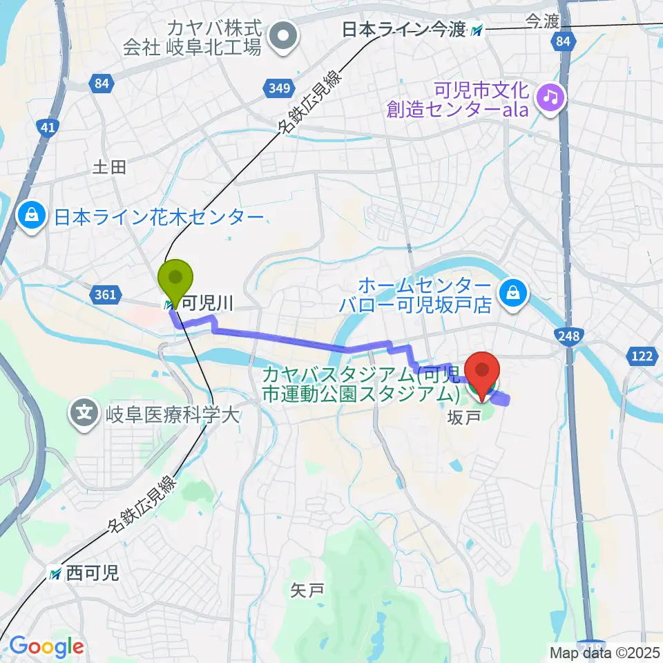 カヤバスタジアムの最寄駅可児川駅からの徒歩ルート（約30分）地図