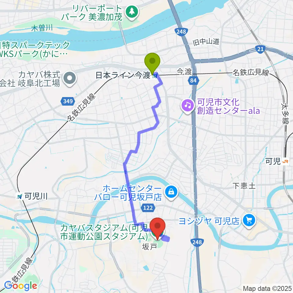 日本ライン今渡駅からカヤバスタジアムへのルートマップ地図