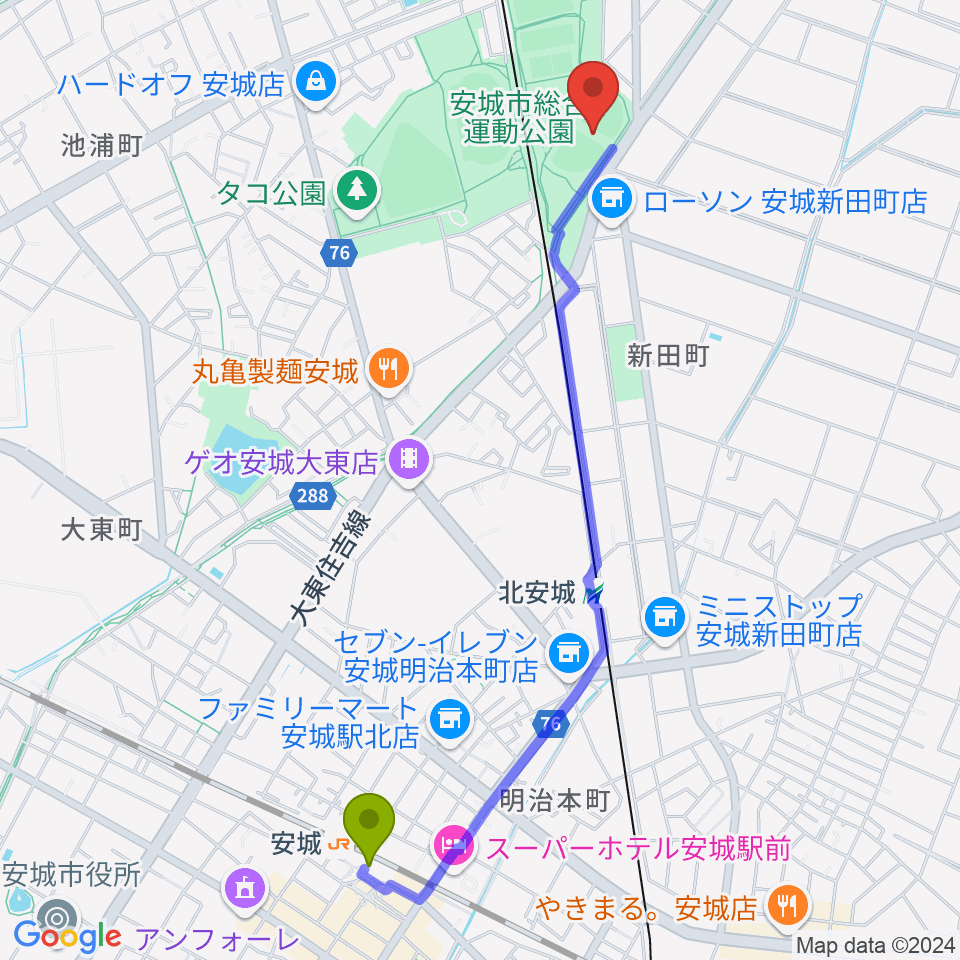 安城駅からデンソーブライトペガサススタジアムへのルートマップ地図