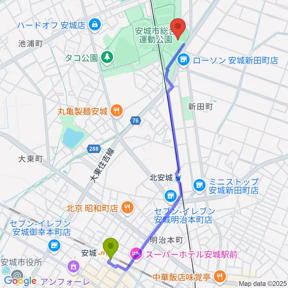 安城駅からデンソーブライトペガサススタジアムへのルートマップ地図