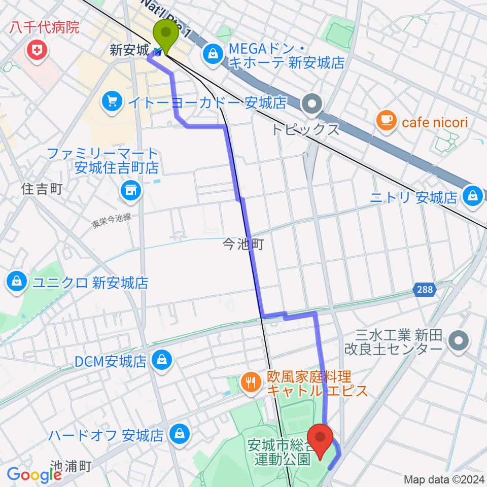 新安城駅からデンソーブライトペガサススタジアムへのルートマップ地図