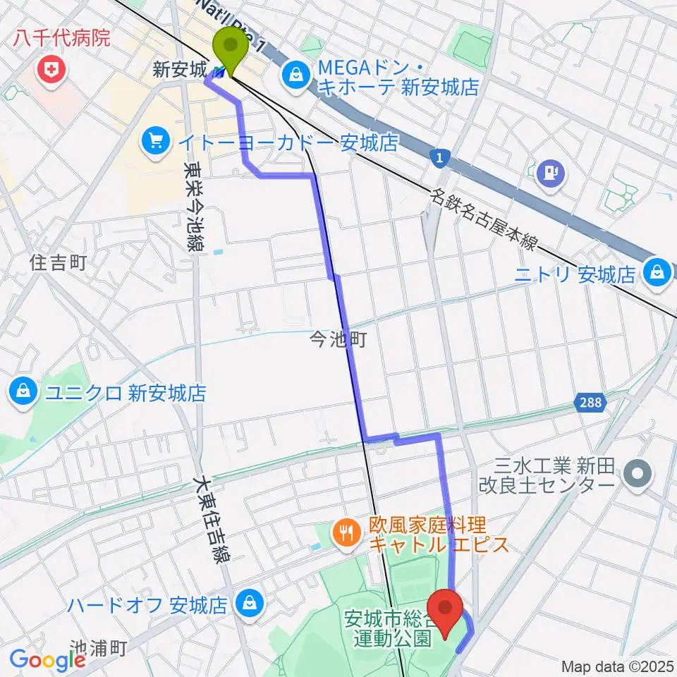 新安城駅からデンソーブライトペガサススタジアムへのルートマップ地図