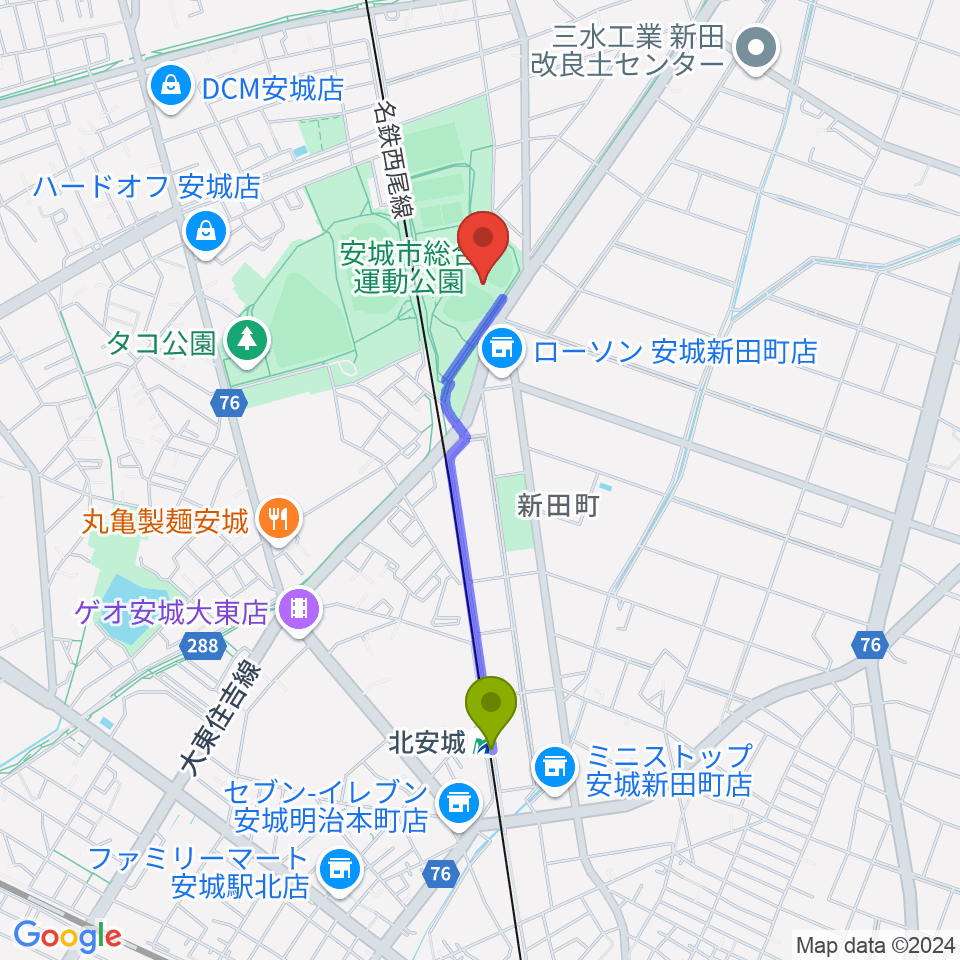 デンソーブライトペガサススタジアムの最寄駅北安城駅からの徒歩ルート（約15分）地図