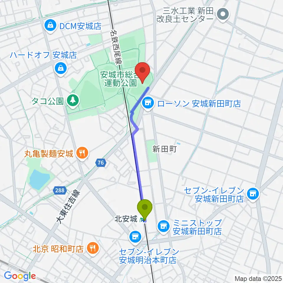 デンソーブライトペガサススタジアムの最寄駅北安城駅からの徒歩ルート（約15分）地図