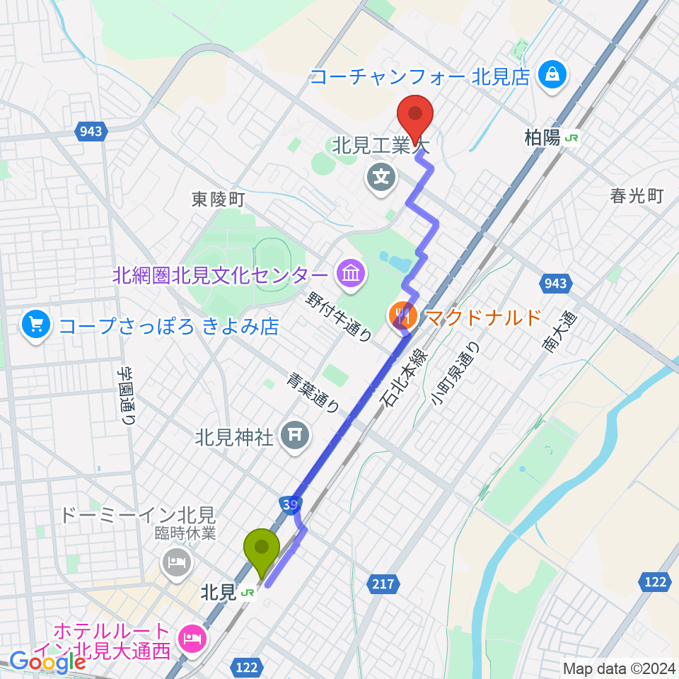 北見駅からアルゴグラフィックス北見カーリングホールへのルートマップ地図