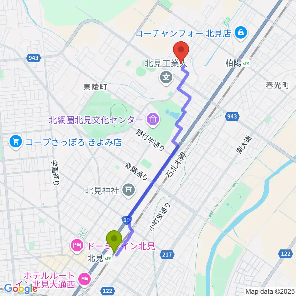 北見駅からアルゴグラフィックス北見カーリングホールへのルートマップ地図