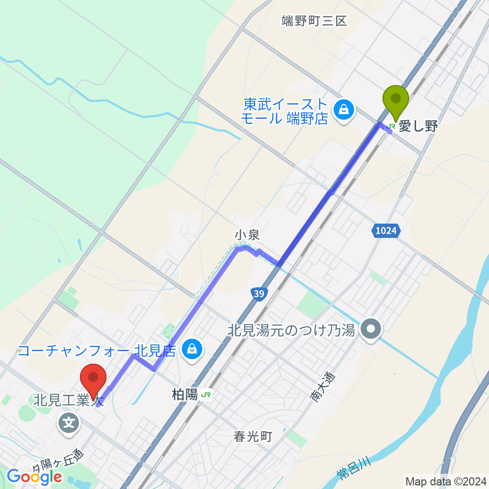 愛し野駅からアルゴグラフィックス北見カーリングホールへのルートマップ地図