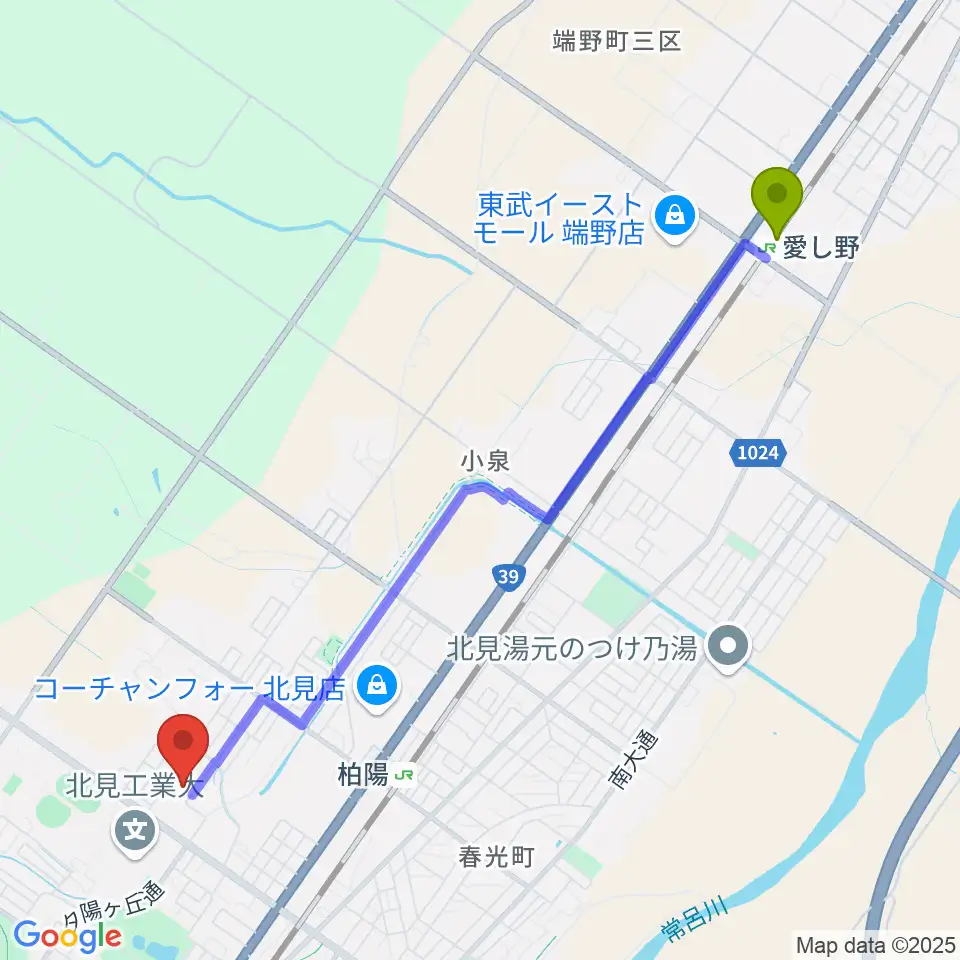 愛し野駅からアルゴグラフィックス北見カーリングホールへのルートマップ地図