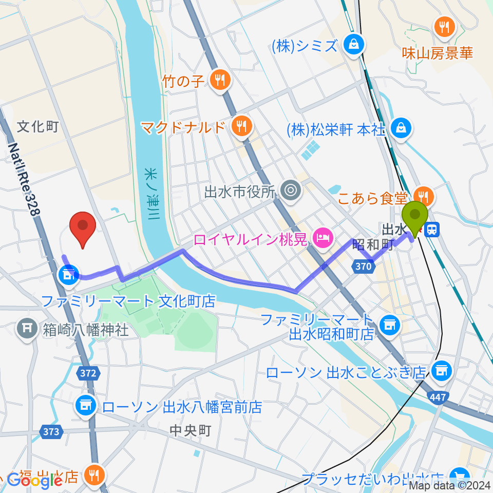 マルマエスタジアム出水の最寄駅出水駅からの徒歩ルート（約22分）地図