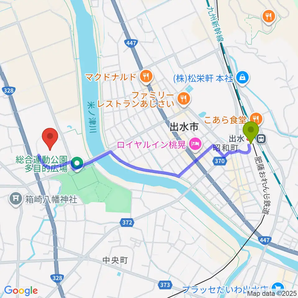 マルマエスタジアム出水の最寄駅出水駅からの徒歩ルート（約22分）地図