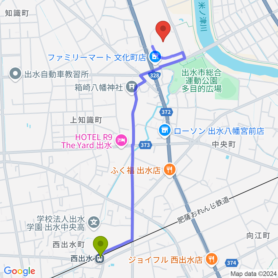 西出水駅からマルマエスタジアム出水へのルートマップ地図