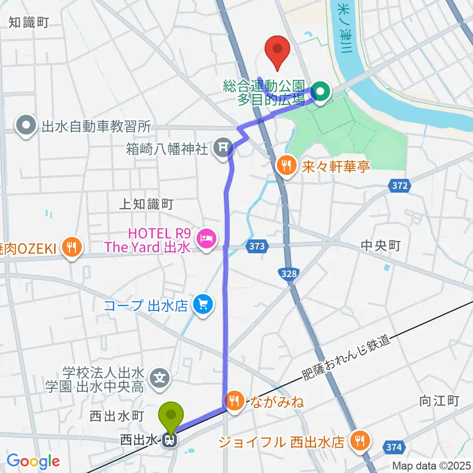 西出水駅からマルマエスタジアム出水へのルートマップ地図