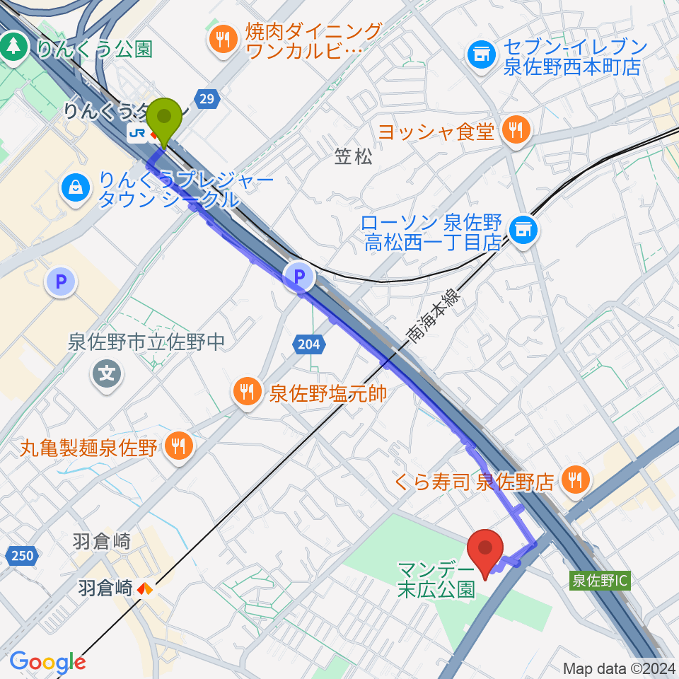 りんくうタウン駅からJ:COM末広体育館へのルートマップ地図