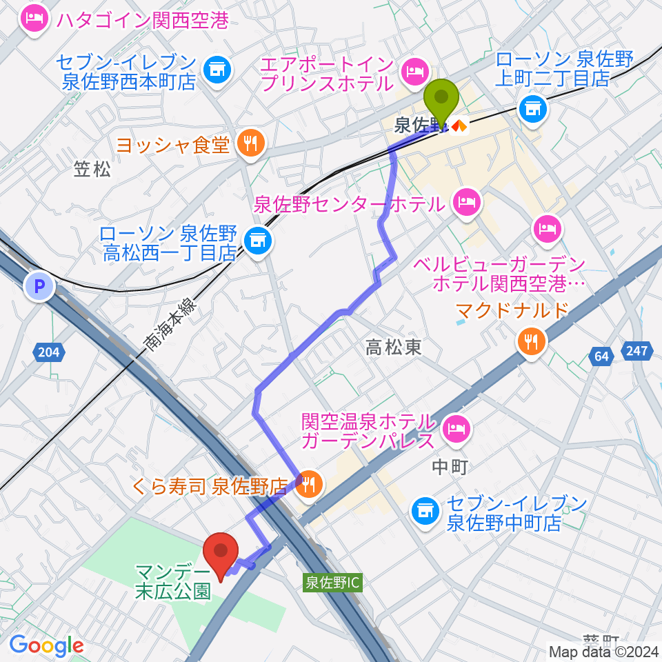 泉佐野駅からJ:COM末広体育館へのルートマップ地図