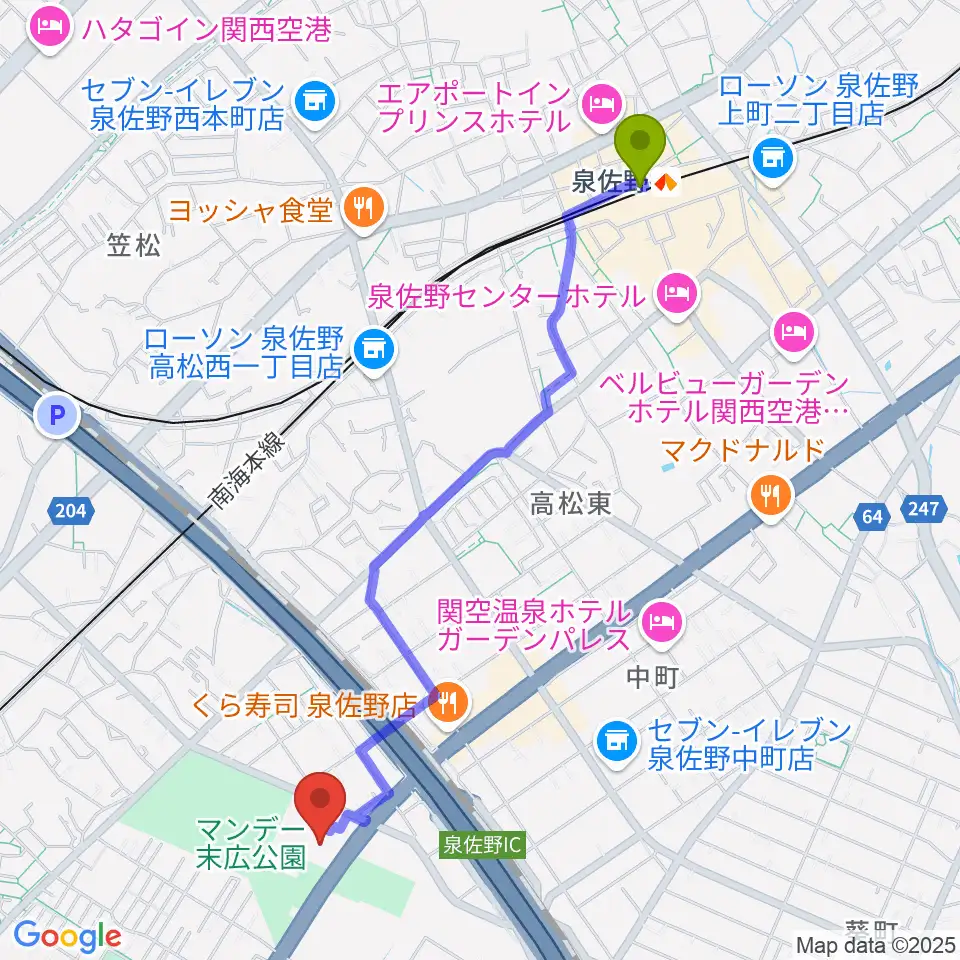 泉佐野駅からJ:COM末広体育館へのルートマップ地図