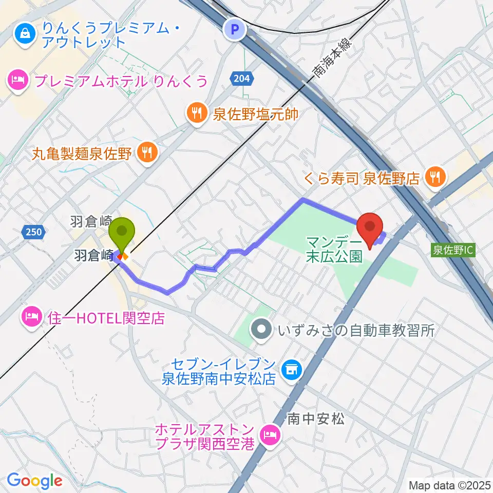 J:COM末広体育館の最寄駅羽倉崎駅からの徒歩ルート（約16分）地図