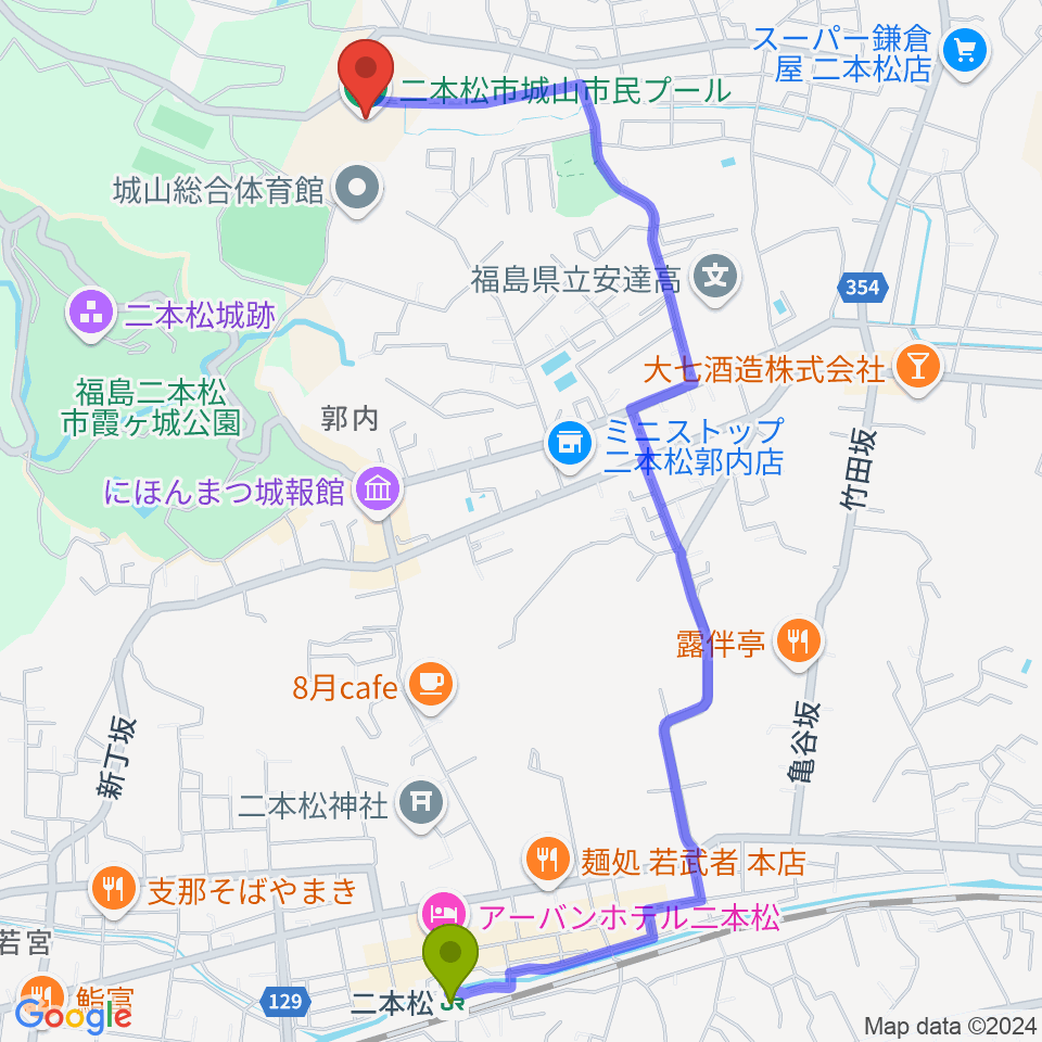 二本松しんきん城山プールの最寄駅二本松駅からの徒歩ルート（約26分）地図