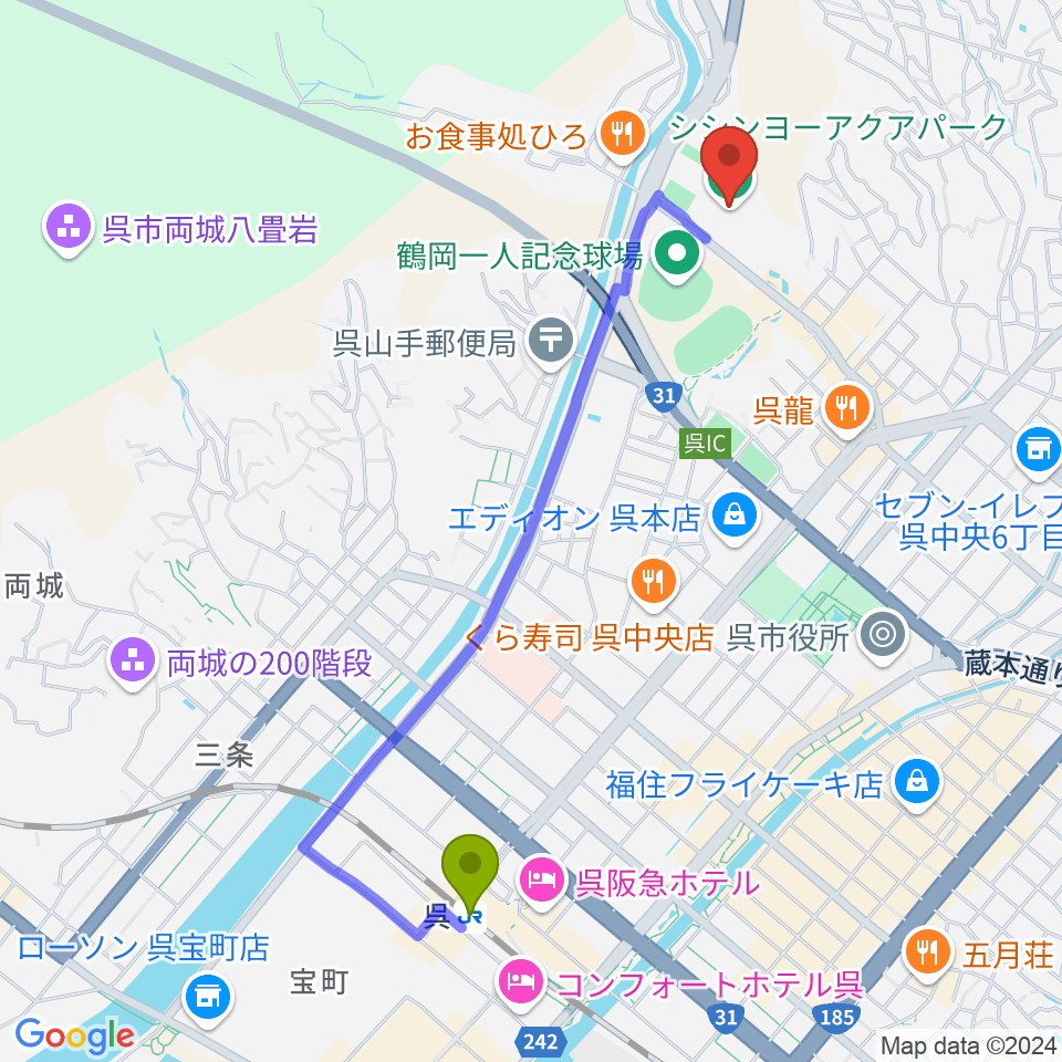 シシンヨーアクアパークの最寄駅呉駅からの徒歩ルート（約22分）地図