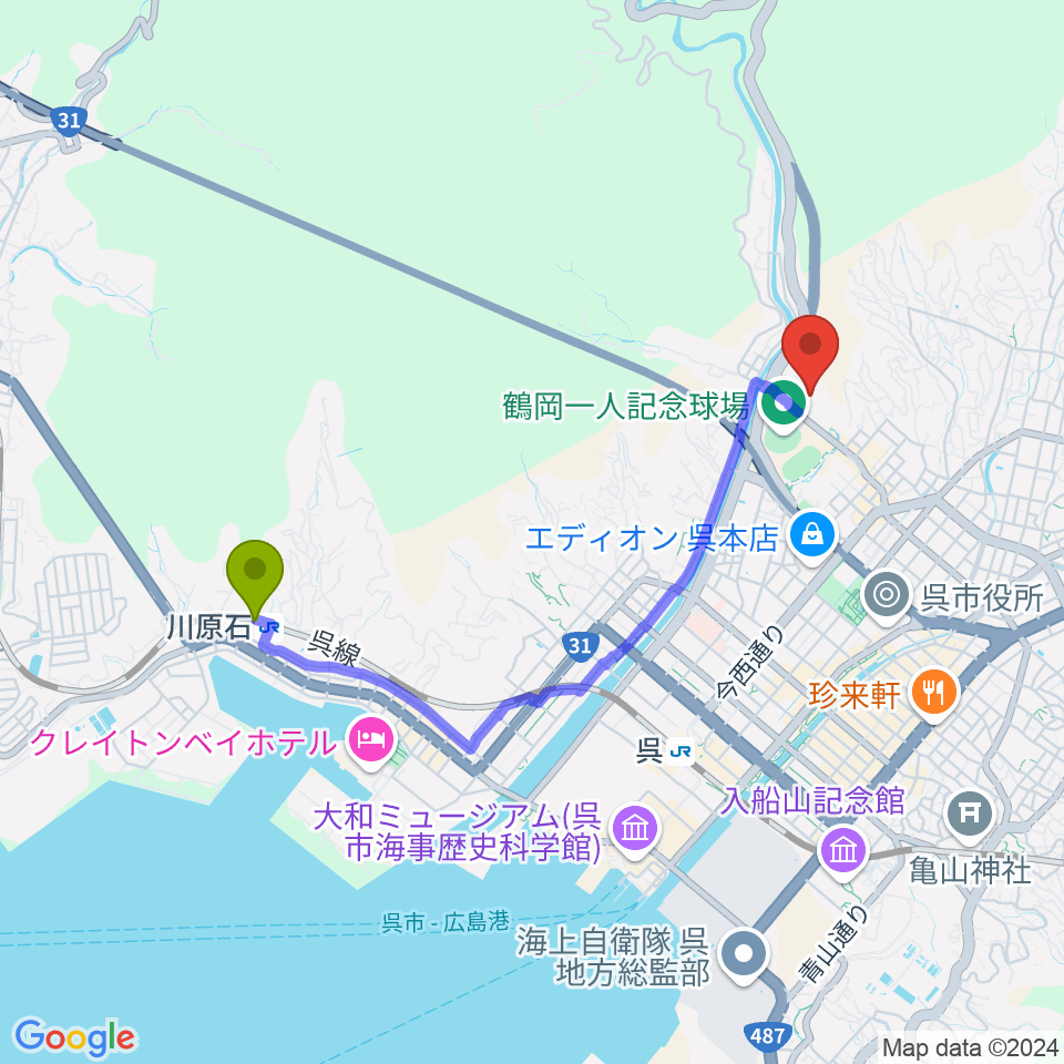 川原石駅からシシンヨーアクアパークへのルートマップ地図