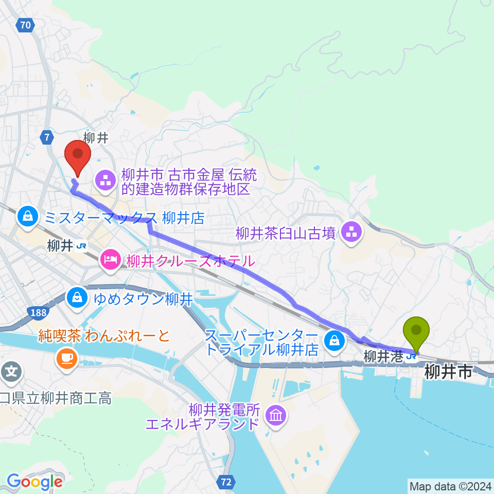 柳井港駅からバタフライアリーナへのルートマップ地図