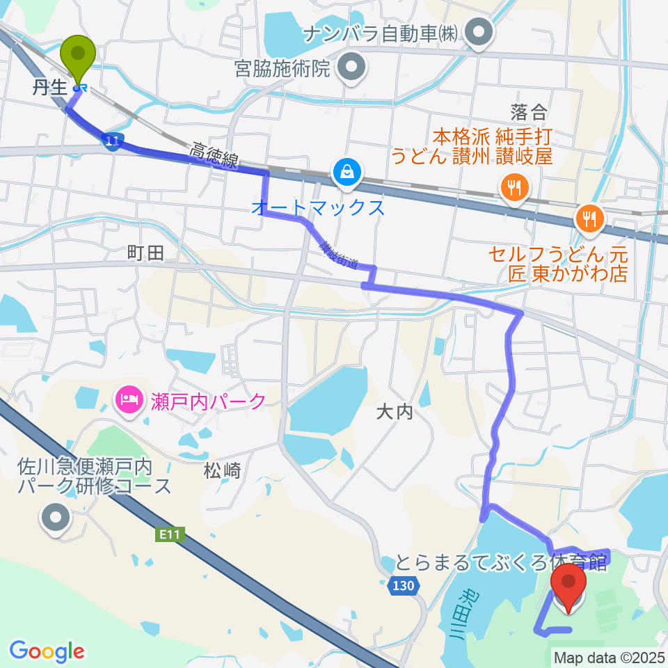 丹生駅からとらまるてぶくろ体育館へのルートマップ地図