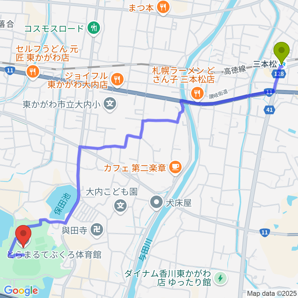 とらまるてぶくろ体育館の最寄駅三本松駅からの徒歩ルート（約34分）地図