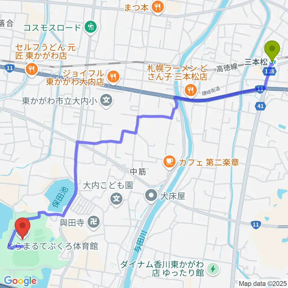 とらまるてぶくろ体育館の最寄駅三本松駅からの徒歩ルート（約34分）地図