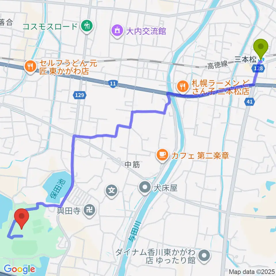 とらまるてぶくろ体育館の最寄駅三本松駅からの徒歩ルート（約34分）地図