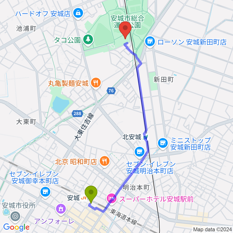 安城駅から東祥アリーナ安城へのルートマップ地図