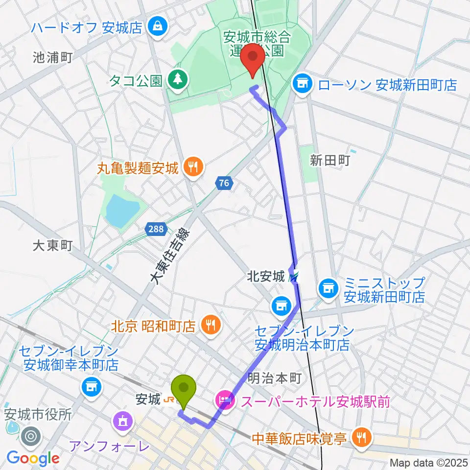 安城駅から東祥アリーナ安城へのルートマップ地図