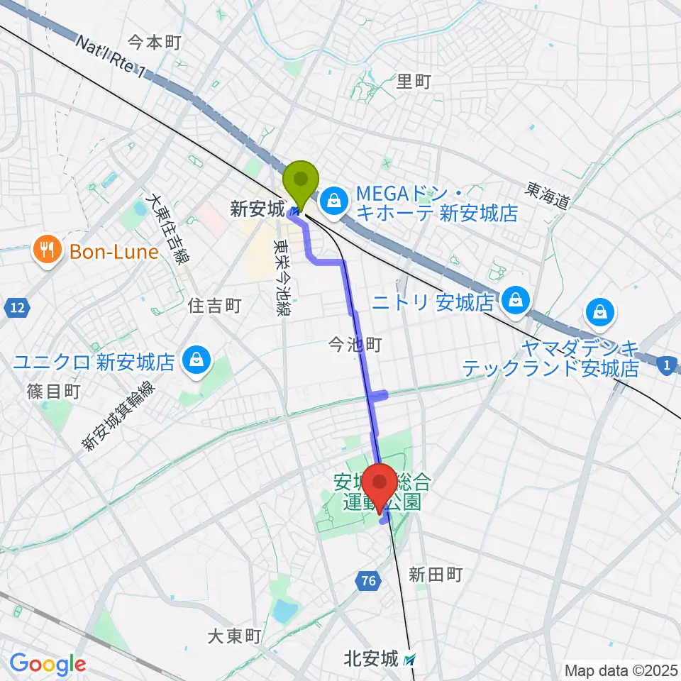 新安城駅から東祥アリーナ安城へのルートマップ地図