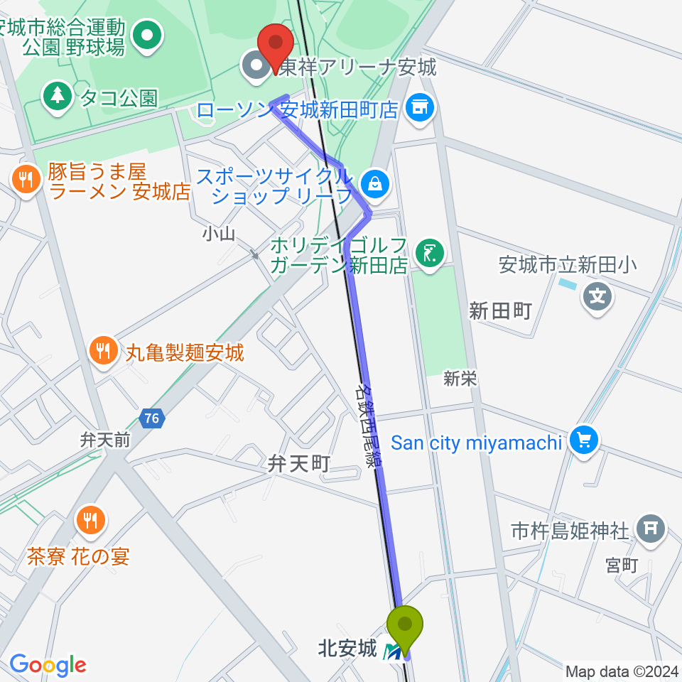 東祥アリーナ安城の最寄駅北安城駅からの徒歩ルート（約14分）地図