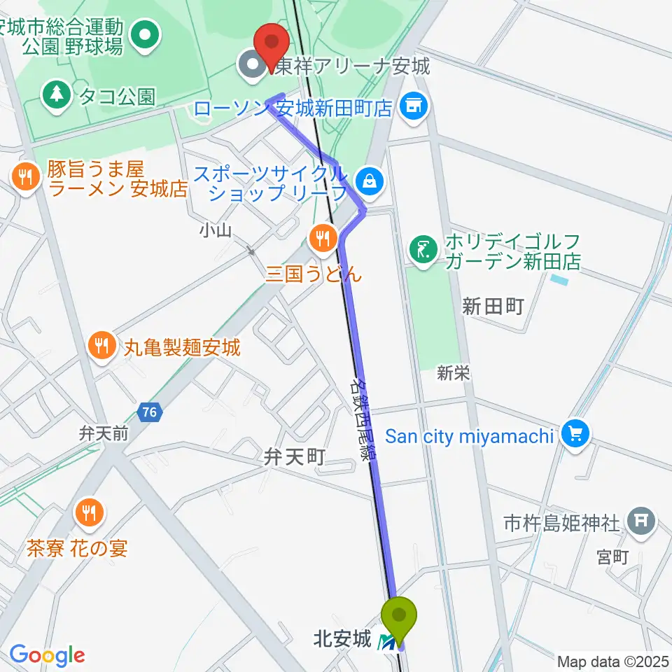 東祥アリーナ安城の最寄駅北安城駅からの徒歩ルート（約14分）地図