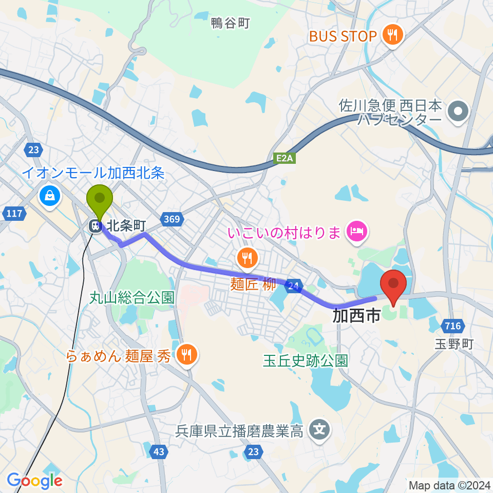 アラジンスタジアムの最寄駅北条町駅からの徒歩ルート（約39分）地図