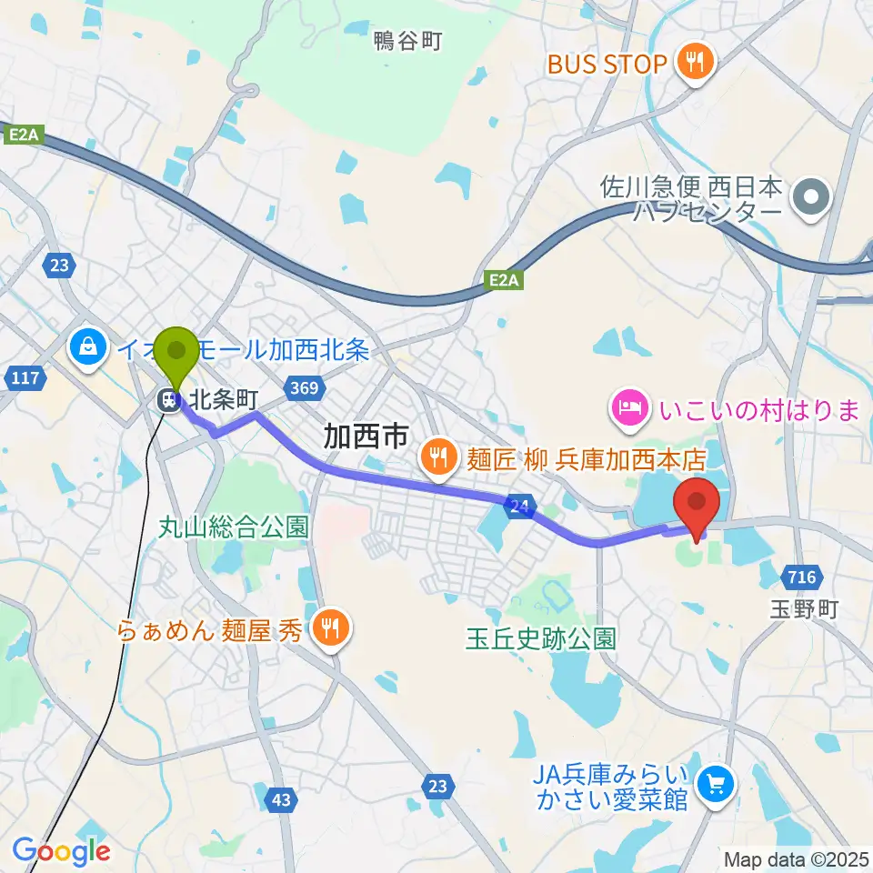 アラジンスタジアムの最寄駅北条町駅からの徒歩ルート（約39分）地図