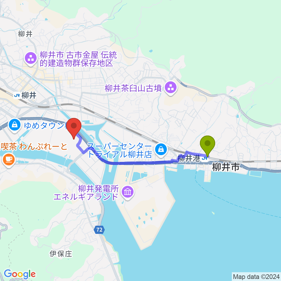 柳井港駅からビジコム柳井スタジアムへのルートマップ地図