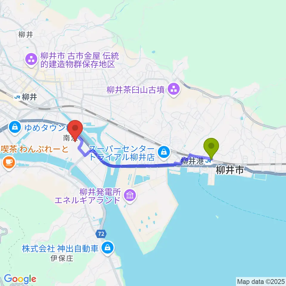 柳井港駅からビジコム柳井スタジアムへのルートマップ地図