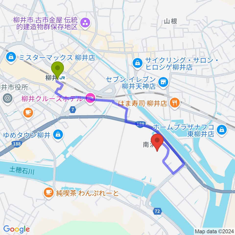 ビジコム柳井スタジアムの最寄駅柳井駅からの徒歩ルート（約17分）地図