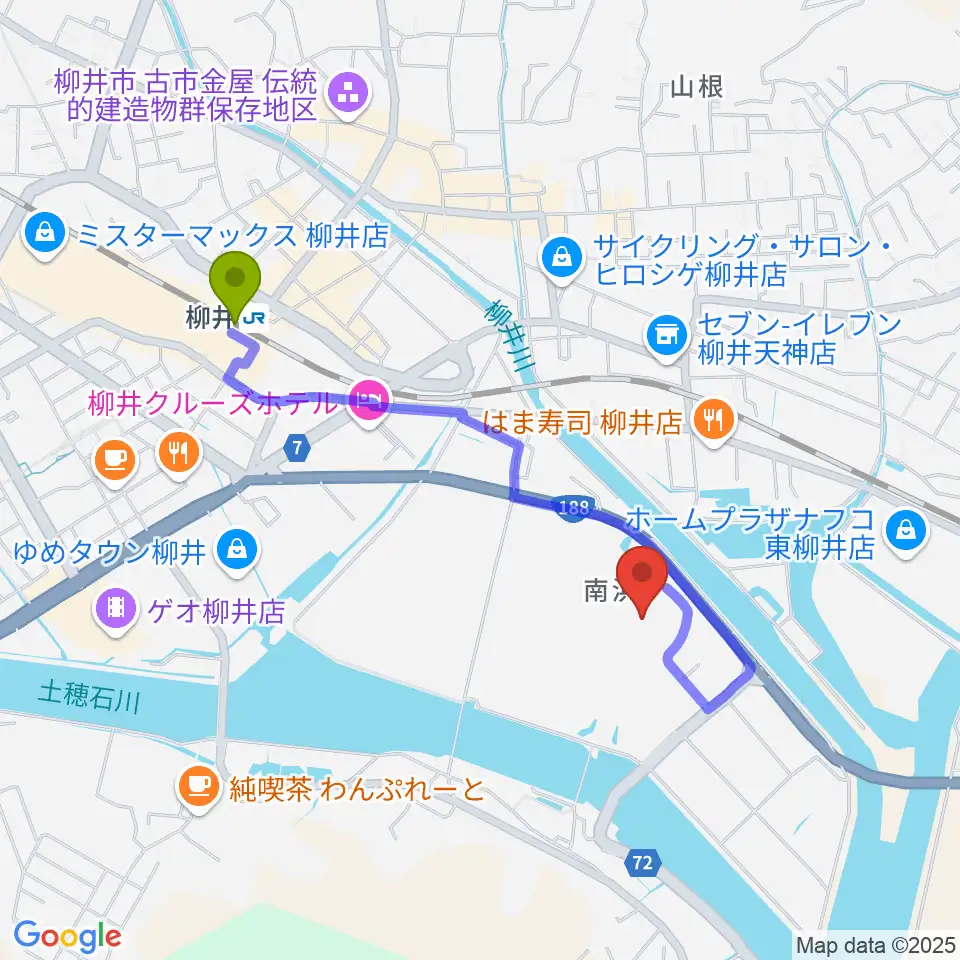 ビジコム柳井スタジアムの最寄駅柳井駅からの徒歩ルート（約17分）地図