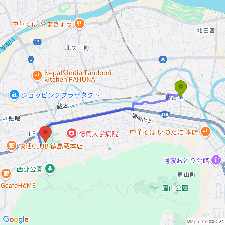 佐古駅からむつみパーク蔵本むつみスタジアムへのルートマップ地図