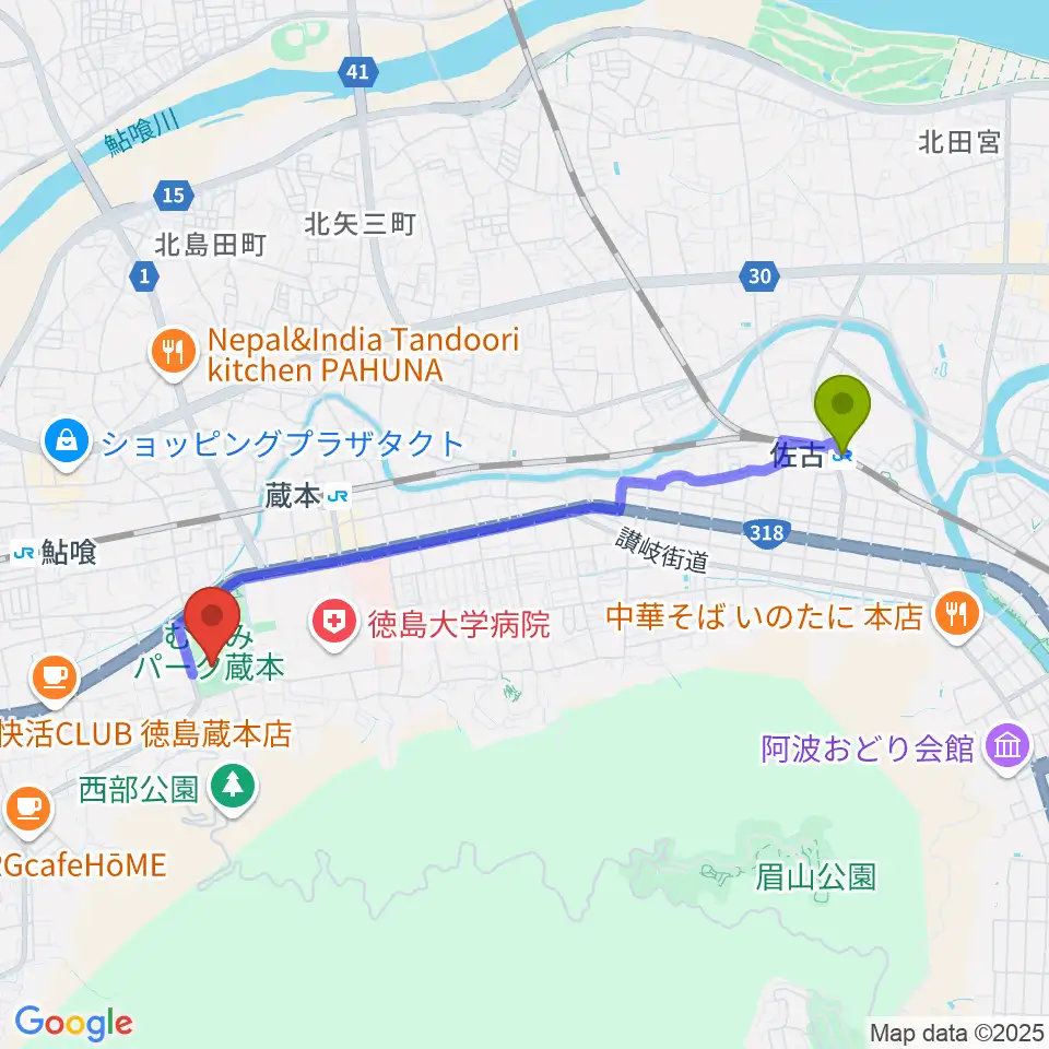 佐古駅からむつみスタジアムへのルートマップ地図